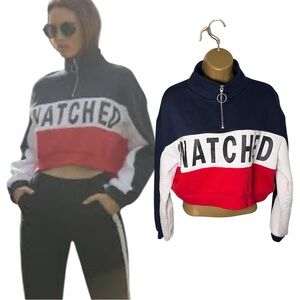 H&M Divided Snatched Crop Half Zip Sweatshirt Colorblock Red White Navy M